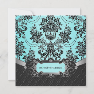 Invitaciones a la Boda Azul Damasco Negro