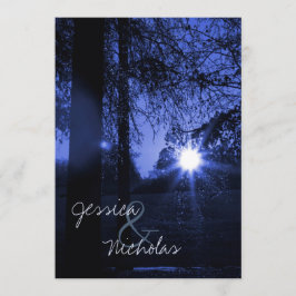 Invitaciones a la boda azul de atardecer con árbol