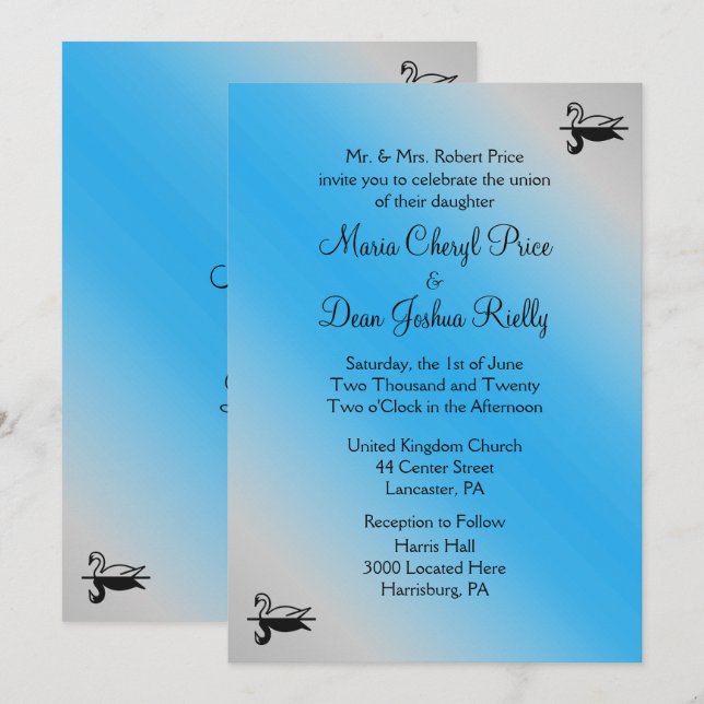 Invitaciones a la Boda Azul de Cisne (Anverso / Reverso)
