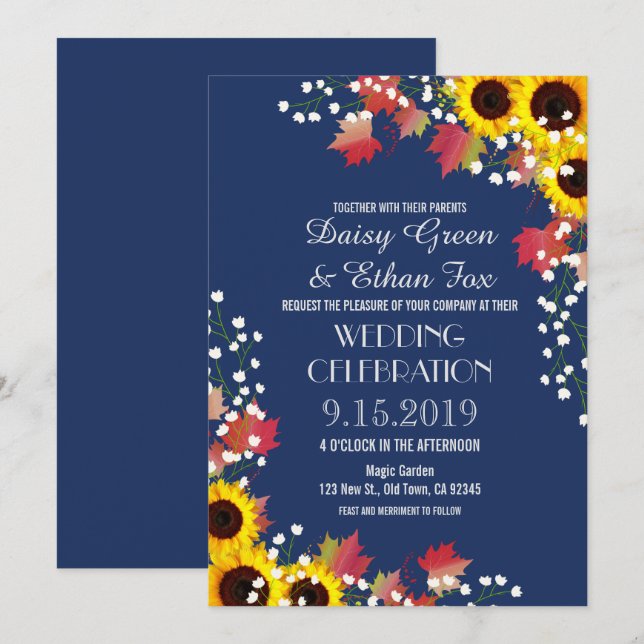 Invitaciones a la boda azul de la Marina de Giraso (Anverso / Reverso)