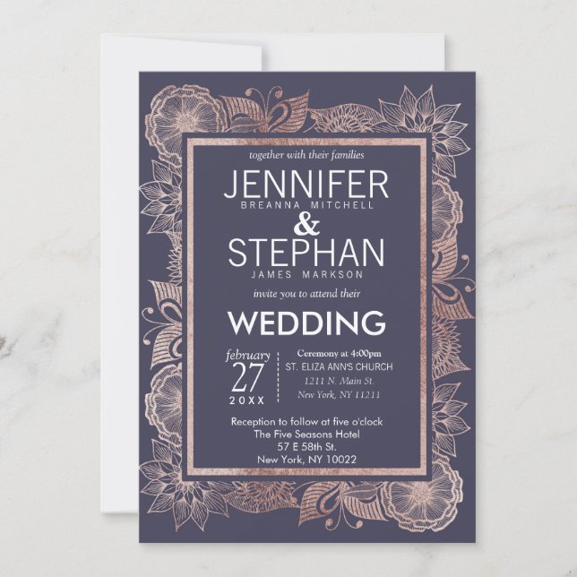 Invitaciones a la Boda Azul de la Marina y la Flor (Anverso)