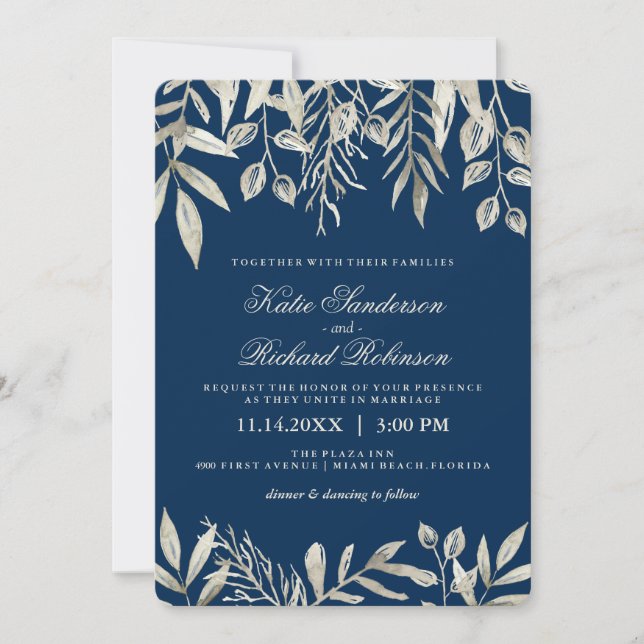 Invitaciones a la Boda Azul de la Marina y Plata (Anverso)