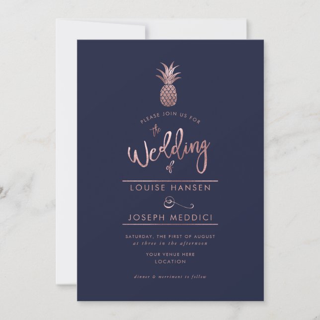 Invitaciones a la Boda Azul de la Piña de Oro Rosa (Anverso)