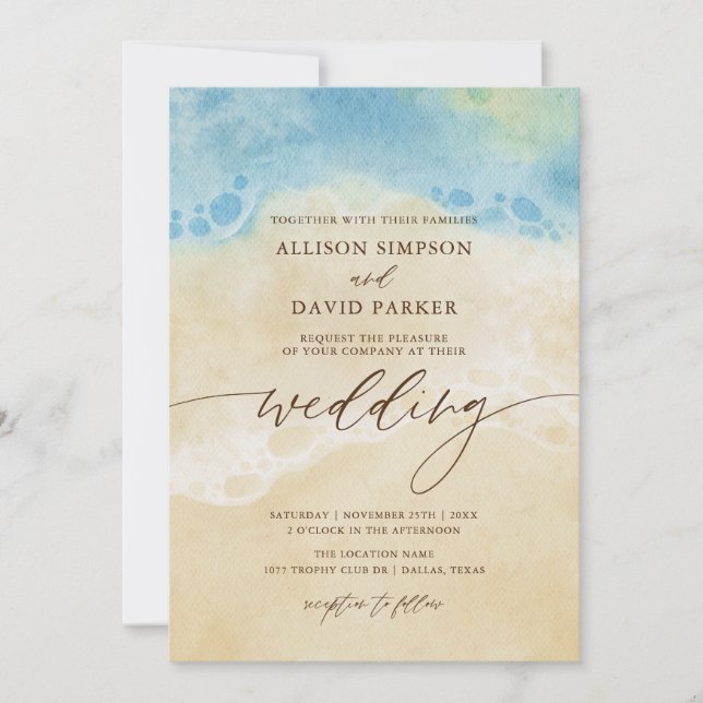 Invitaciones a la Boda Azul de la Playa de Agua de (Anverso)