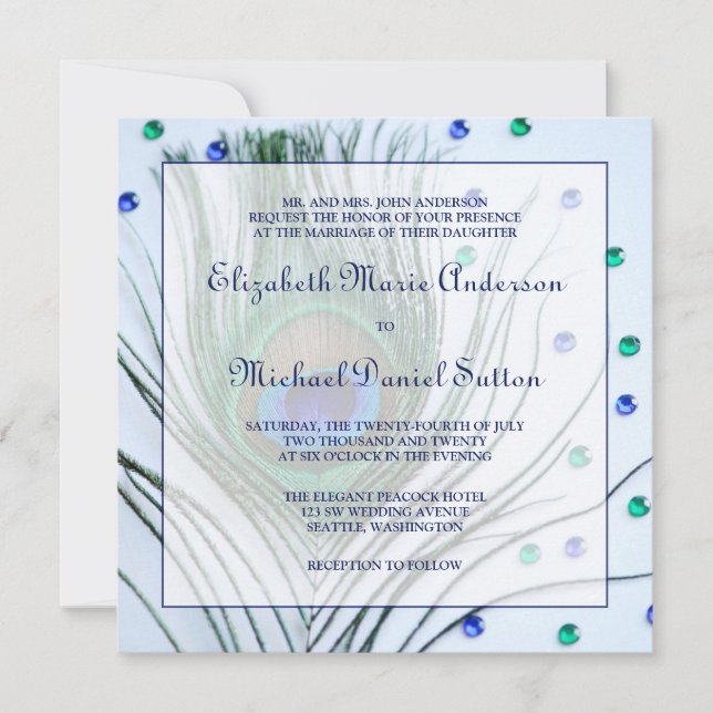 Invitaciones a la boda azul de pluma de pavo real (Anverso)