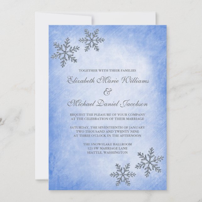 Invitaciones a la Boda Azul de Snowflakes con espu (Anverso)