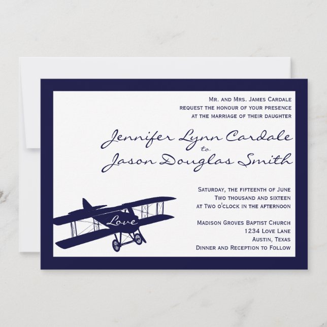 Invitaciones a la Boda Azul del Aviador de Biplano (Anverso)