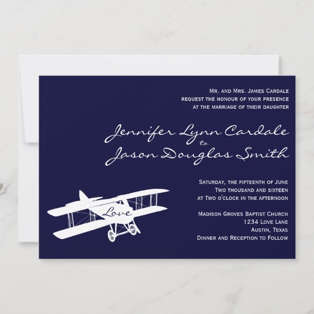 Invitaciones a la Boda Azul del Aviador de Biplano (Anverso)
