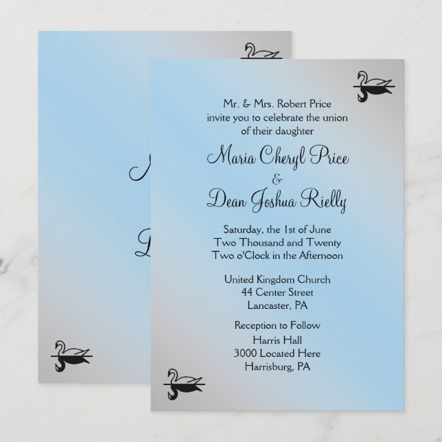Invitaciones a la boda azul en polvo de cisne (Anverso / Reverso)