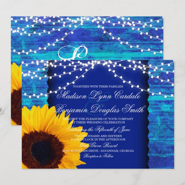 Invitaciones a la boda azul para las luces de gira (Anverso / Reverso)