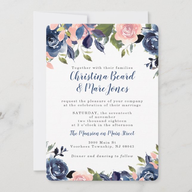 Invitaciones a la boda azul rosada y naval (Anverso)