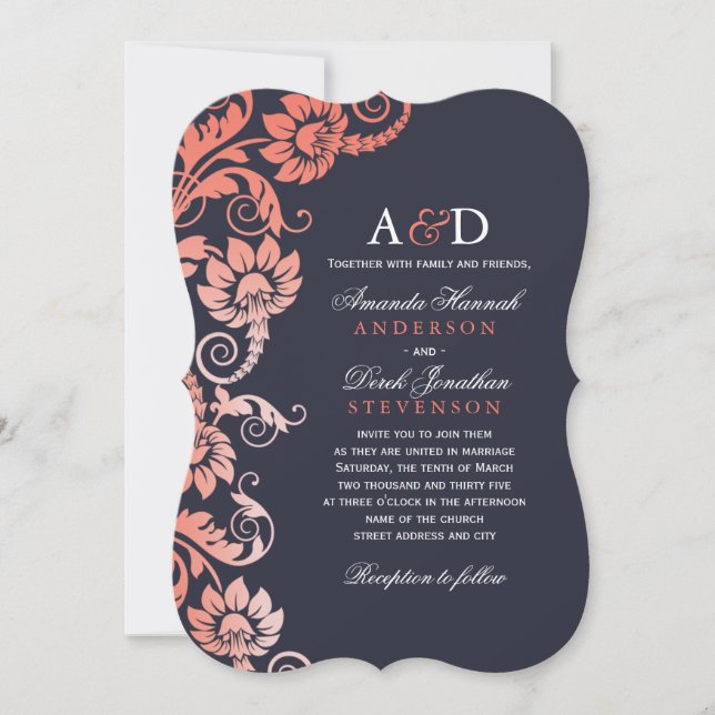 Invitaciones a la Boda Azul y Coral de Ombre (Anverso)
