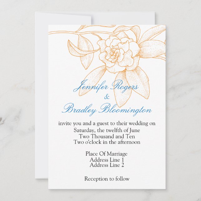Invitaciones A La Boda Azul Y naranja (Anverso)