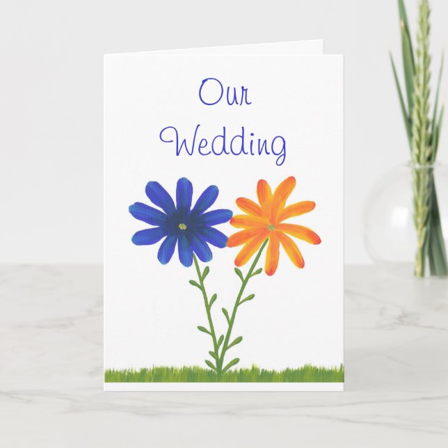 Invitaciones a la boda azul y Naranja, flores (Anverso)