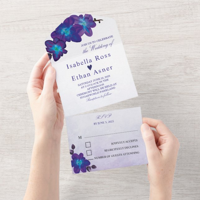 Invitaciones a la boda azul y púrpura (desgarro)