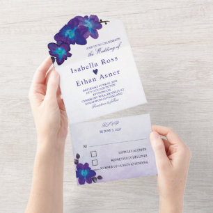 Invitaciones a la boda azul y púrpura