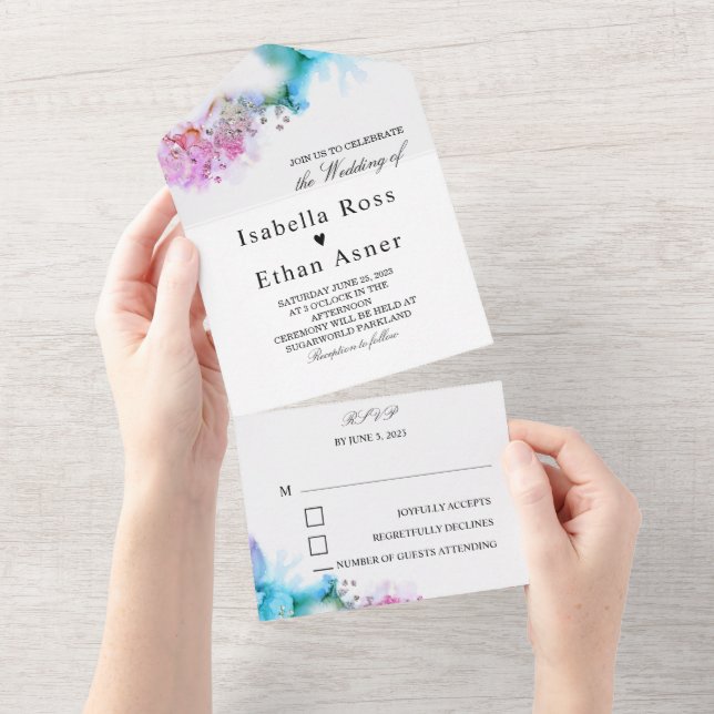 Invitaciones a la boda azul y púrpura (desgarro)