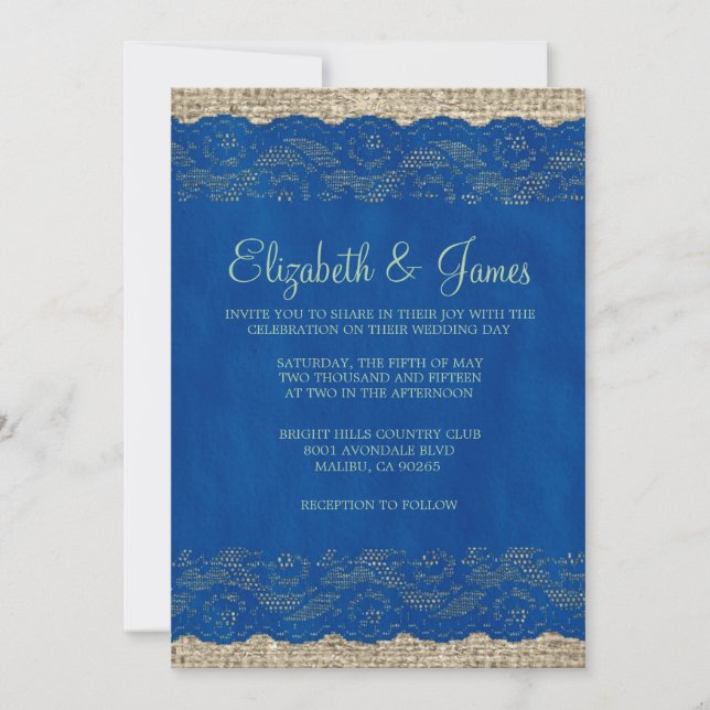 Invitaciones a la boda azul y verde de encaje rúst (Anverso)