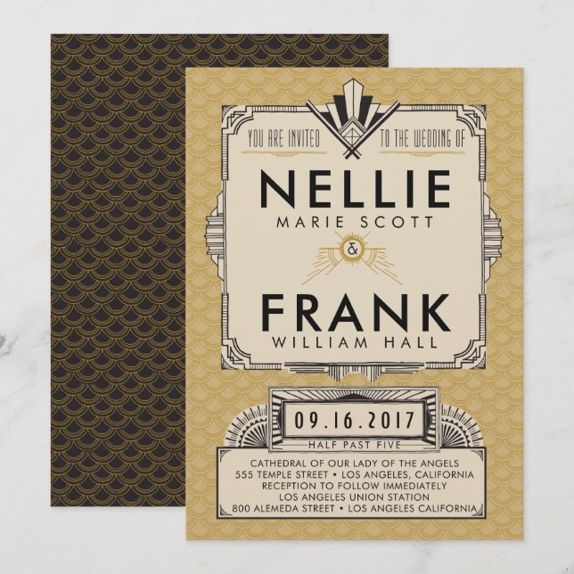 Invitaciones a la boda Black and Gold Great Gatsby (Anverso / Reverso)