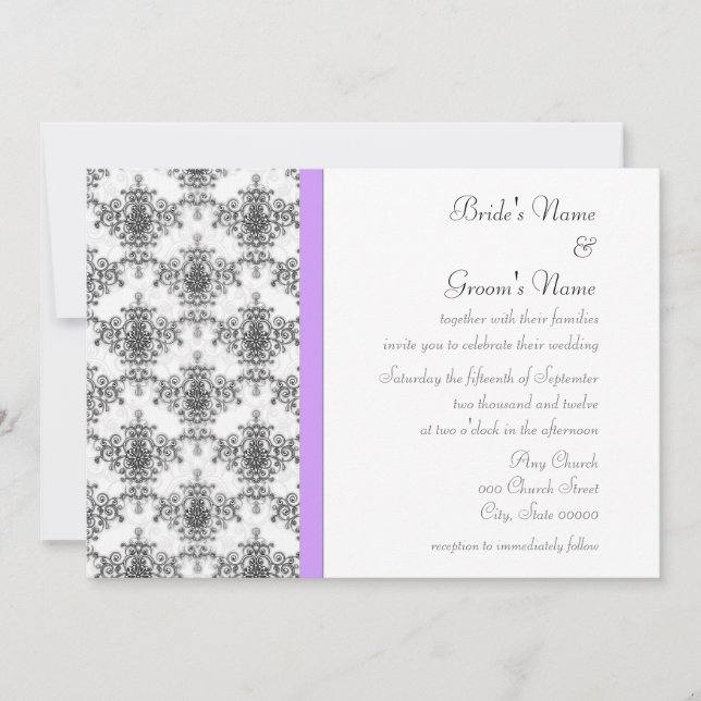 Invitaciones a la boda Black White Purple Damask (Anverso)