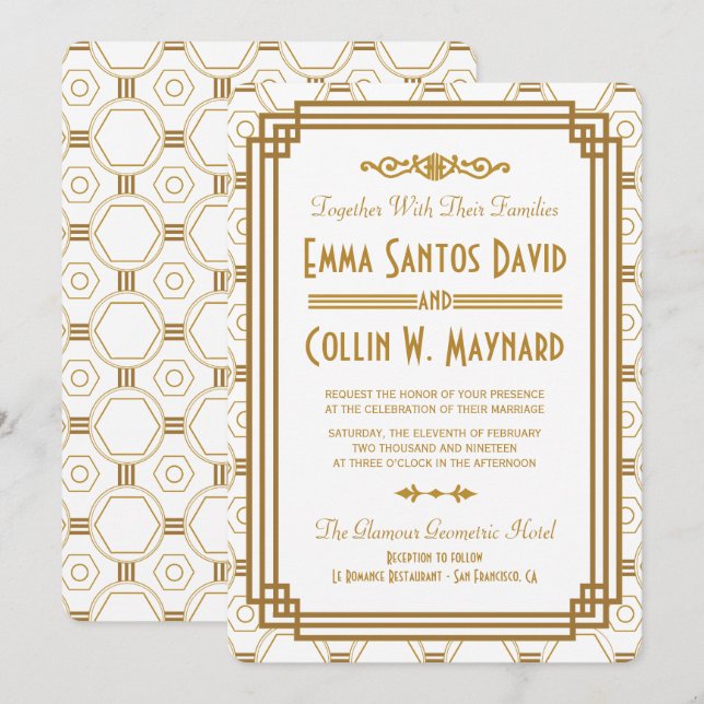 Invitaciones a la boda blanca Art Deco (Anverso / Reverso)