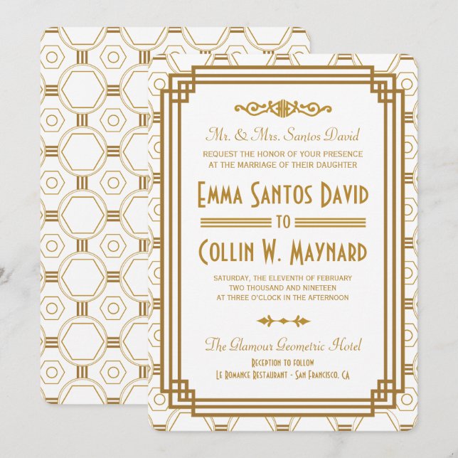 Invitaciones a la boda blanca Art Deco (Anverso / Reverso)