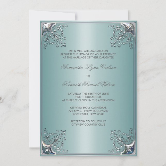 Invitaciones a la Boda Blanca Azul verde azulada (Anverso)