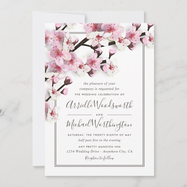 Invitaciones a la Boda Blanca Rosa con flores de c (Anverso)
