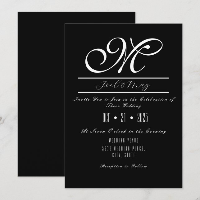 Invitaciones a la boda blanca y negra (Anverso / Reverso)