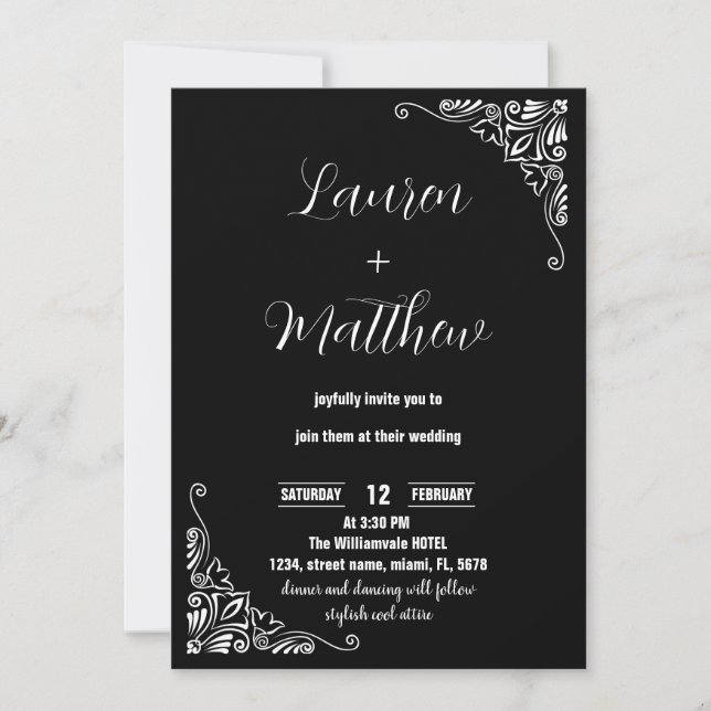 Invitaciones a la boda blanca y negra (Anverso)