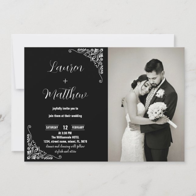 Invitaciones a la boda blanca y negra con foto (Anverso)
