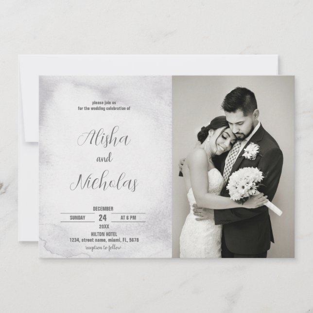 Invitaciones a la boda blanca y negra con foto (Anverso)