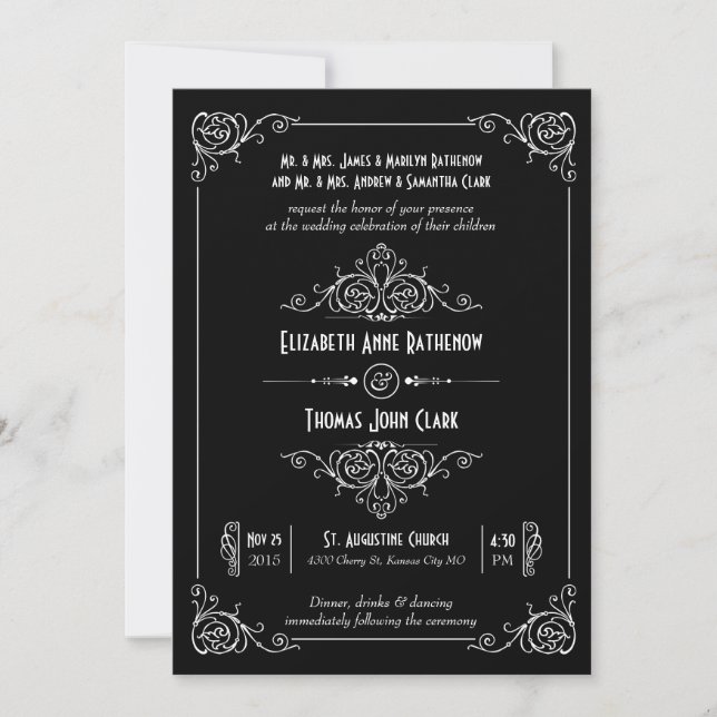 Invitaciones a la boda blanca y negra en el arte m (Anverso)