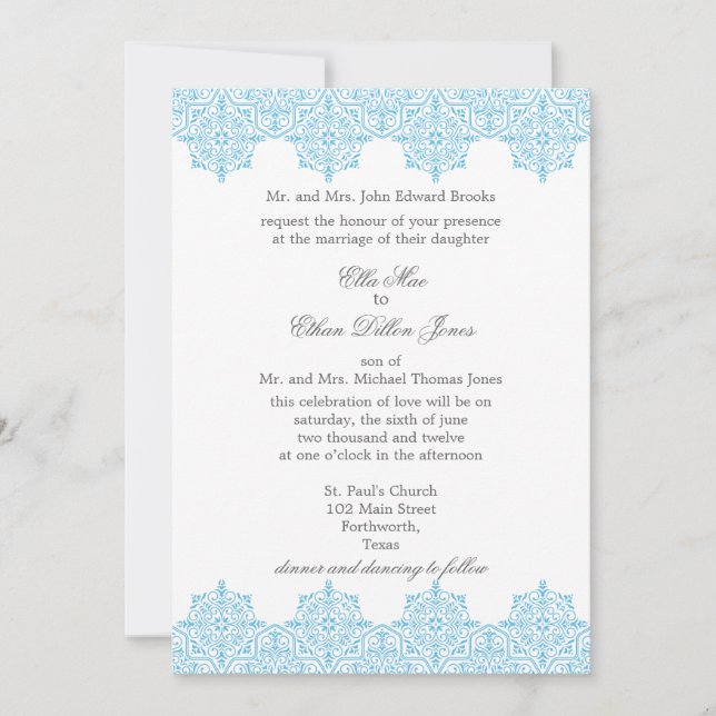 Invitaciones a la boda Blue Damask Light (Anverso)