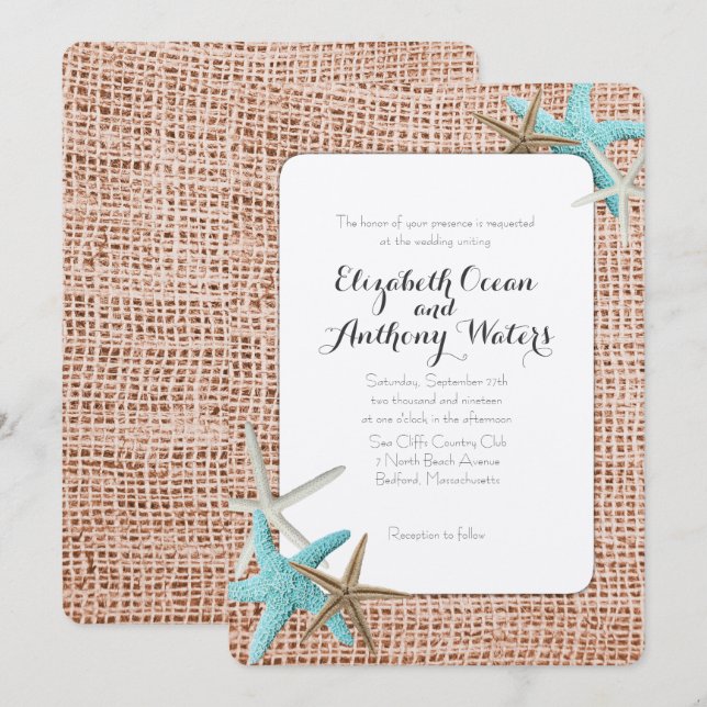 Invitaciones a la boda Blue Starfish Beach Burlap (Anverso / Reverso)