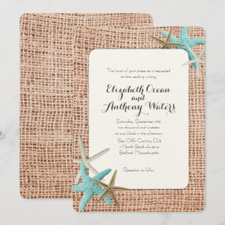 Invitaciones a la boda Blue Starfish Beach Burlap