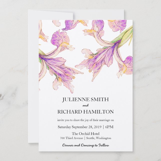 Invitaciones a la boda botánica moderna púrpura (Anverso)
