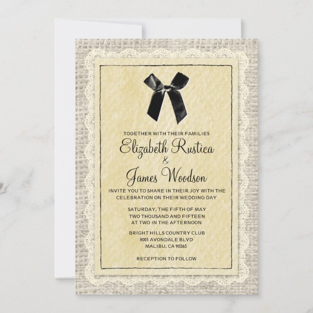Invitaciones a la Boda Burlap Country Black & Gold (Anverso)