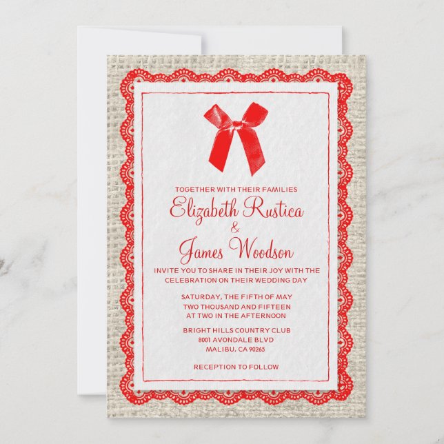 Invitaciones a la Boda Burlap del País Rojo (Anverso)