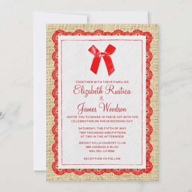 Invitaciones a la Boda Burlap del País Rojo y Oro (Anverso)