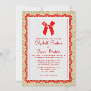Invitaciones a la Boda Burlap del País Rojo y Oro