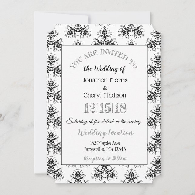 Invitaciones a la boda clásica de Damask en blanco (Anverso)