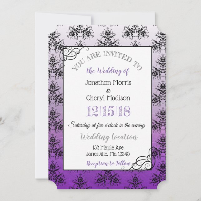 Invitaciones a la boda con clase Purple Black Dama (Anverso)