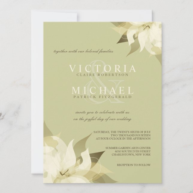 Invitaciones a la boda con flores de marfil verde  (Anverso)