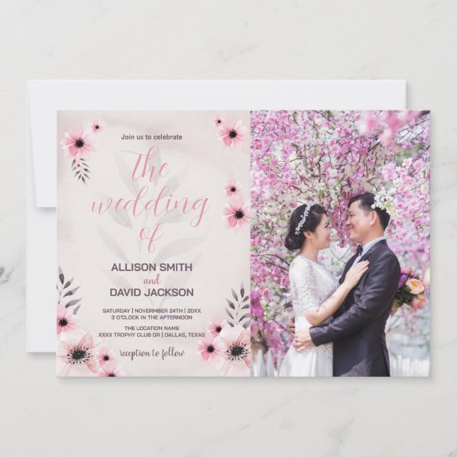 Invitaciones a la boda con flores rosadas con foto (Anverso)