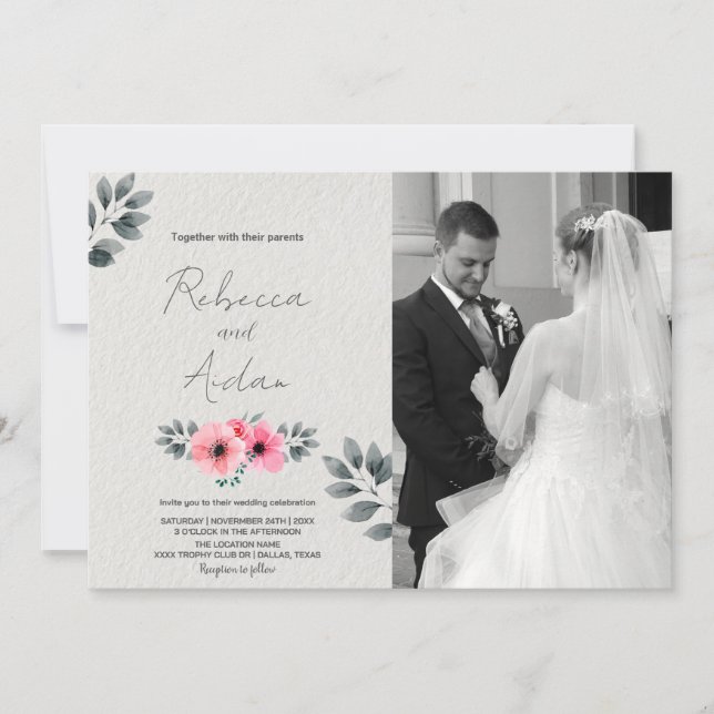 Invitaciones a la boda con flores rosadas con foto (Anverso)