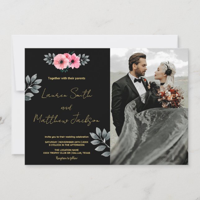 Invitaciones a la boda con flores rosadas con foto (Anverso)