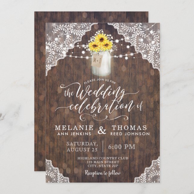 Invitaciones a la boda Country Lace y Sunflowers (Anverso / Reverso)