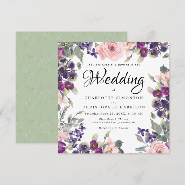 Invitaciones a la boda cuadrada floral de Plum Rub (Anverso / Reverso)