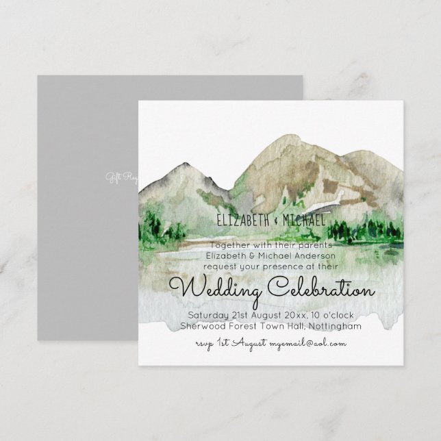 Invitaciones a la boda de acuarela de Mountain Lak (Anverso / Reverso)